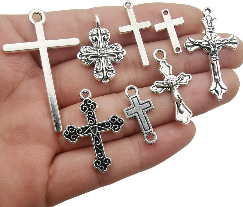 iloveDIYbeads 100 جرام (حوالي 42 قطعة) مستلزمات الحرف اليدوية تعويذات صليب يسوع المسيح الفضي العتيق لصنع الحرف، مستلزمات صنع المجوهرات ملحقات لصنع قلادة أو سوار (M266) - Image 3